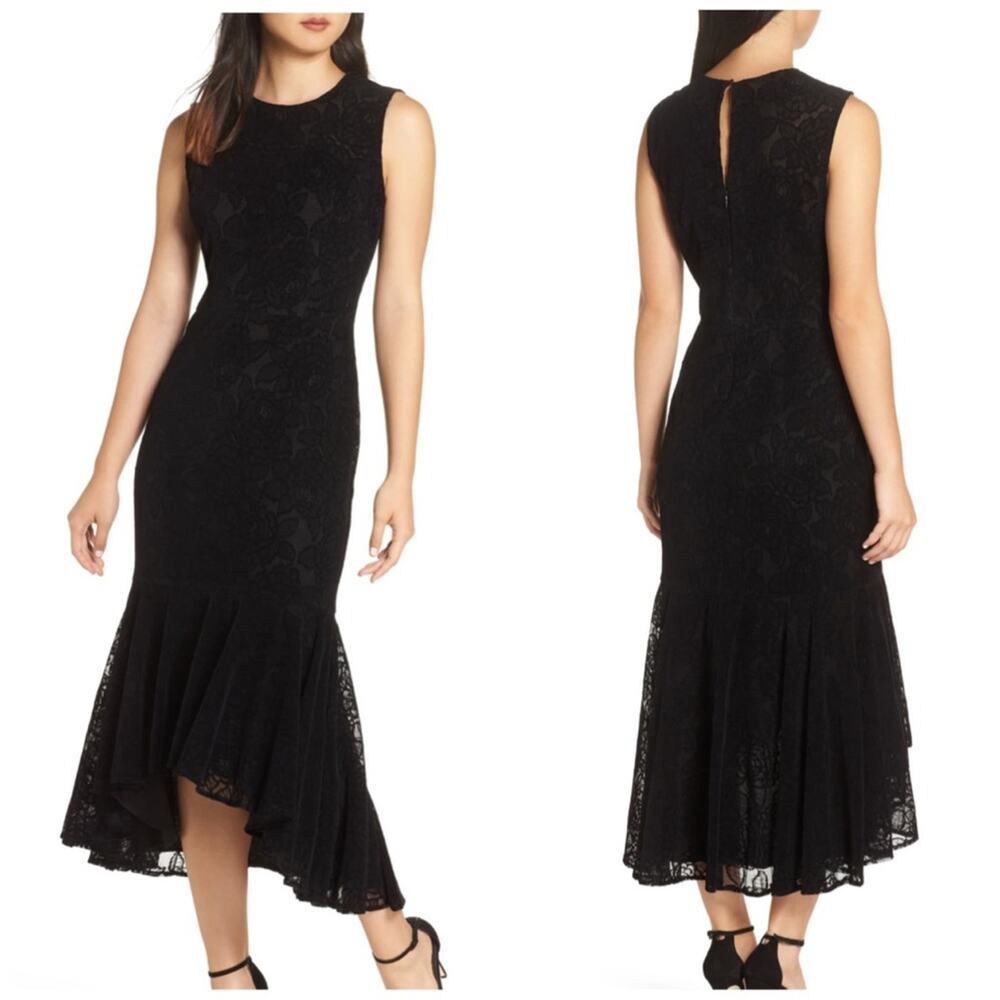 Maggy London Black Chantilly Velvet Lace high Low Mermaid Flounce Dress NEW